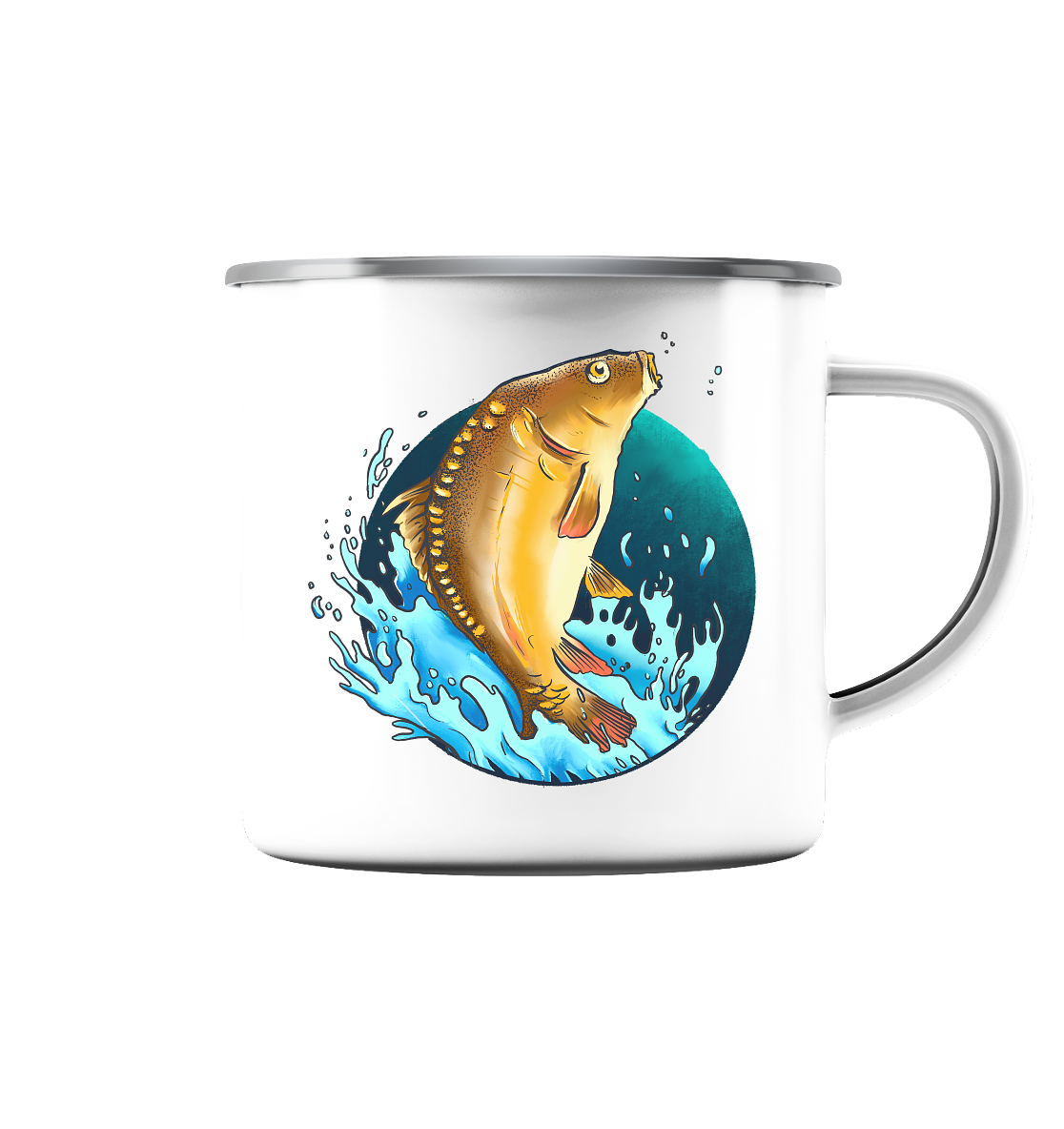 Springender Karpfen - Emaille Tasse (Silber)