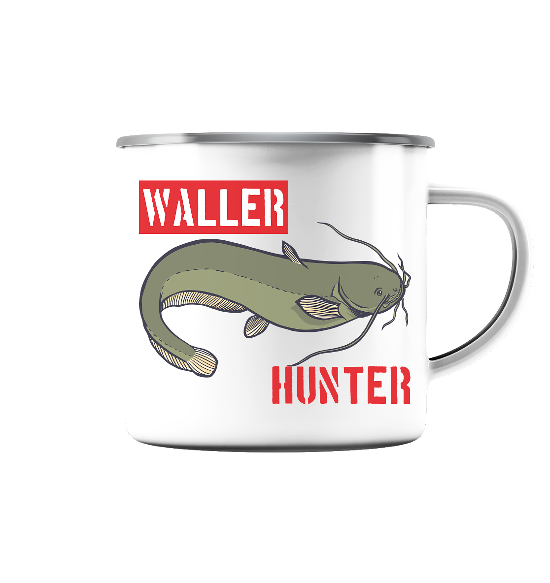 Waller Hunter - Wels Angler - Emaille Tasse (Silber)