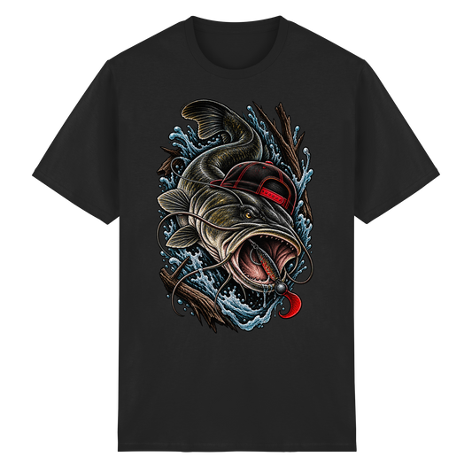 Cooler Waller mit Cap T-Shirt – Wels Angler Shirt für Wallerangler Catfish